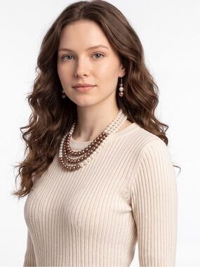 Triple-Strand Pearl Necklace with Matching Drop Earrings - Cream & Brown